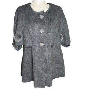 Gray Wool Short Sleeve Cape Coat Medium Fur Pom Pom Accents Rose Buttons